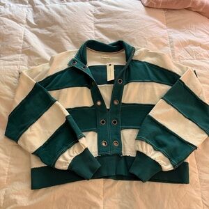 Anthropologie Teal Cream Striped Rugby Pullover Grommet Snap Sweatshirt NWT